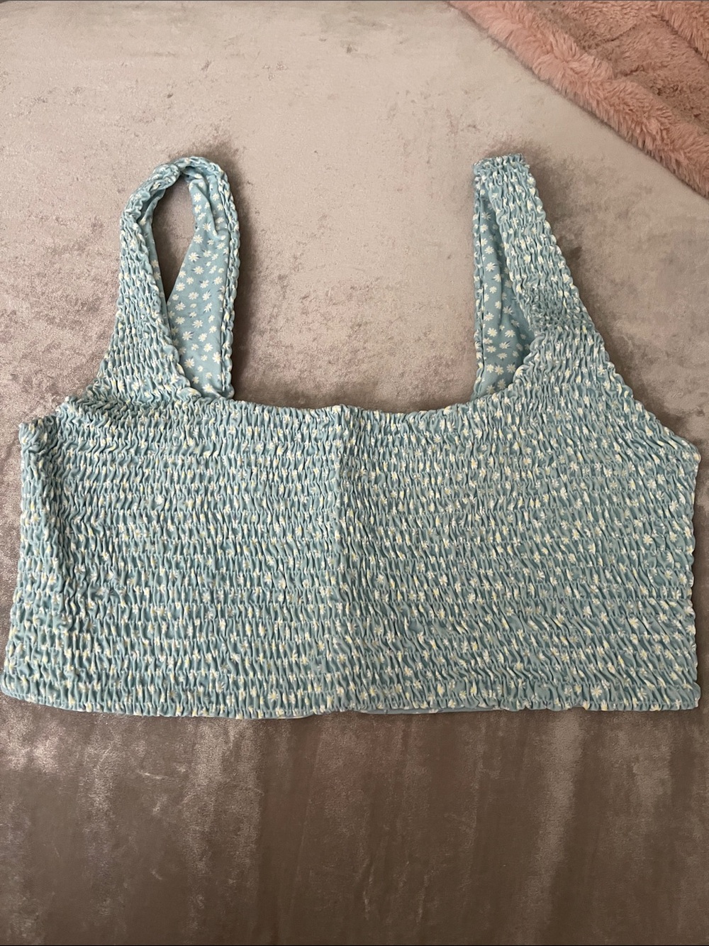 Light Blue Smocked Swim Crop Top with Wide Straps